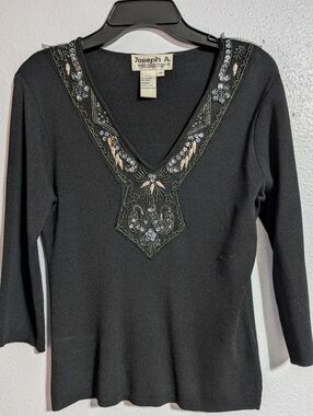 Joseph A Black V-Neck Sweater with Beaded Embellishment